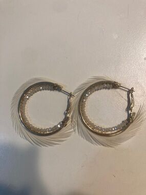 Funky feather beaded  gold toned hoops